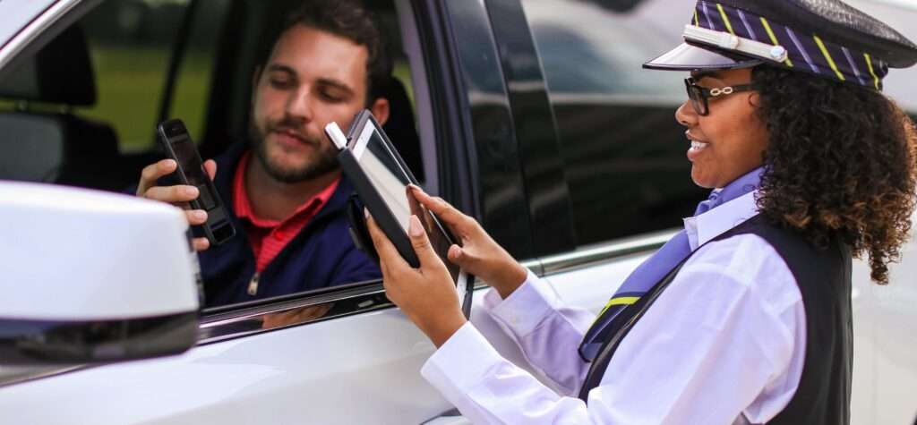 Bags employee helping customer in car